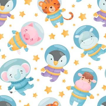 Space Animal in Spacesuit Seamless Pattern Design Vector Template Stock Illustration