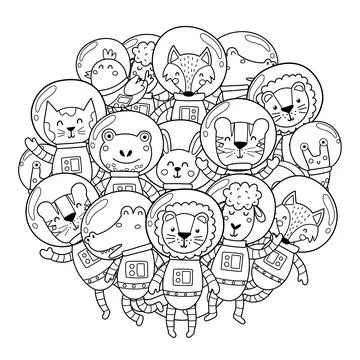 Space animals circle shape pattern for coloring book. Cute animals astronauts Stock Illustration