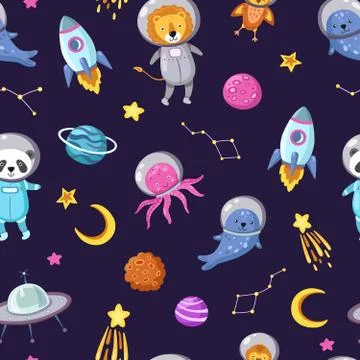 Space animals pattern. Cute baby animal astronauts flying kid pets cosmonauts 스톡 일러스트