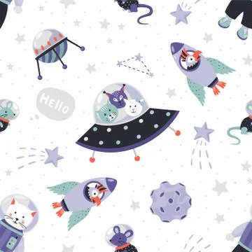 Space animals pattern. Cute cartoon baby astronauts seamless print, doodle Stock Illustration