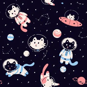 Space animals pattern. Seamless black background with cosmic spaceship planets Illustrazione stock