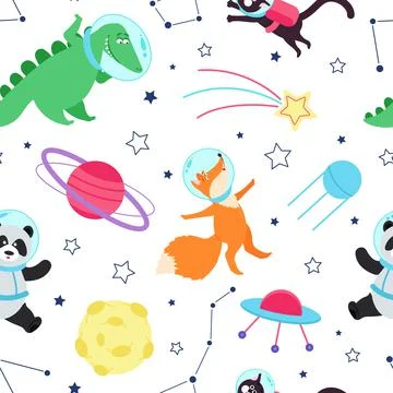 Space animals seamless pattern. Cute animal, galaxy kids adventures print Stockillustratie