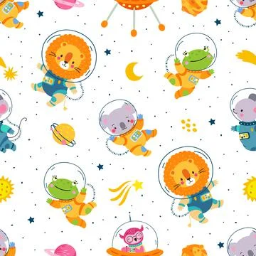 Space animals seamless pattern. Kindergarten wallpaper with pets in cosmos. Cute 스톡 일러스트