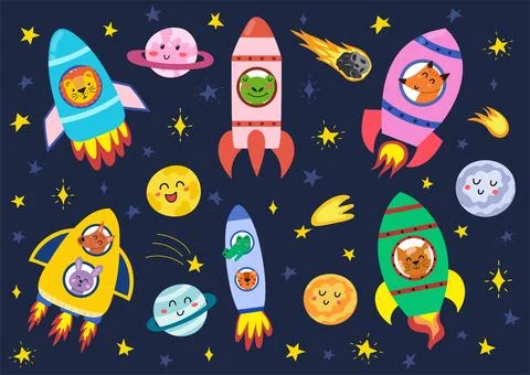 Space animals in their rockets set. Funny astronauts in spaceships Stock Illustration