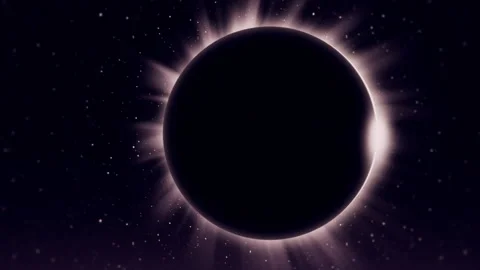 Space animation of a total solar eclipse with sun sunflares around shadowed moon Stock Footage 145357926