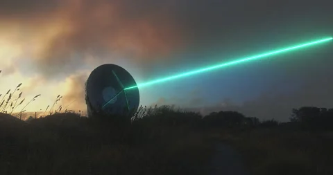 Space antenna array transmitting data packets, green laser beam - 3d Stock Footage 160110016