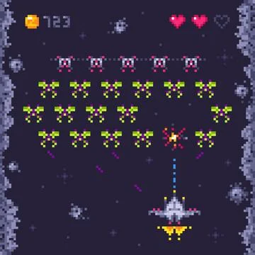 Space arcade game level. Retro invaders, pixel art video games and monster .. Illustrazione stock