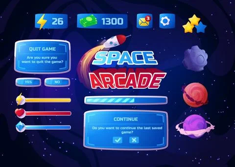Space arcade game menu interface, vector game menu with rocket flying and Stock Illustration