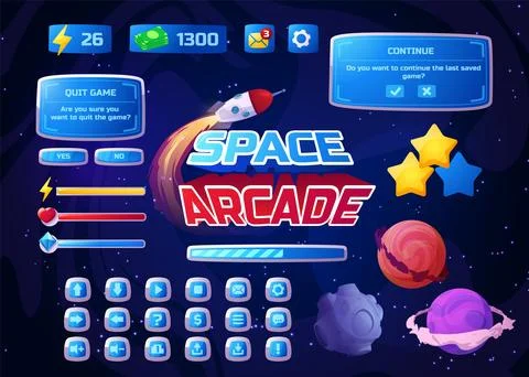 Space arcade, set of game design elements, cartoon style vector illustrations Illustrazione stock