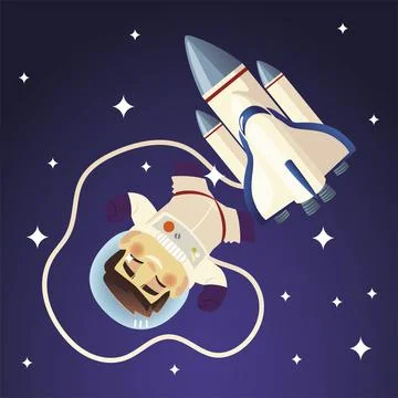 Space astronaut and orbiting ship galaxy stars cartoon Stock Illustration