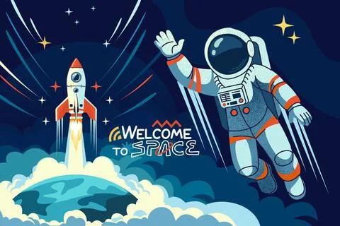 Space astronaut background. Spaceship or rocket landing, planet Earth. Future Stock Illustration