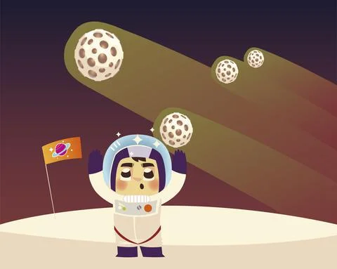 Space astronaut character flag planets and comet cartoon Stock Illustration