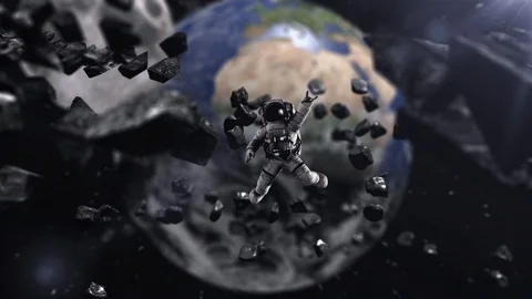 Space astronaut lost in space with meteorites around him Stock Footage 116479164