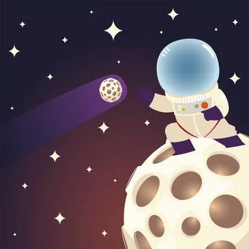 Space astronaut on moon comet and stars galaxy cartoon Stock Illustration
