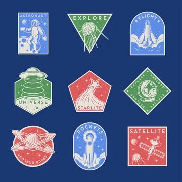 Space astronaut patch. Galaxy explore logo. Rocket flight badge. UFO vintage Stock Illustration