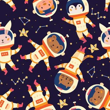 Space astronaut seamless pattern in cartoon style. Vector design. Illustrazione stock