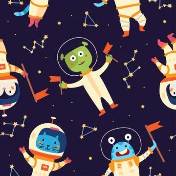 Space astronaut seamless pattern in cartoon style. Vector design. Stock Illustration