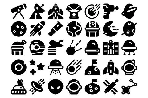 Space Astronomy Solid Icons Set Vector, Universe Galaxy Rocket Planet 库存插图