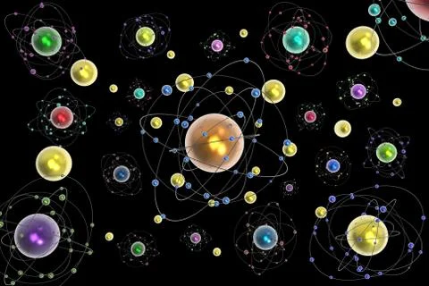 Space atoms planets black background - 3D illustration. 스톡 일러스트