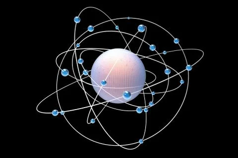 Space atoms planets black background - 3D illustration. 스톡 일러스트