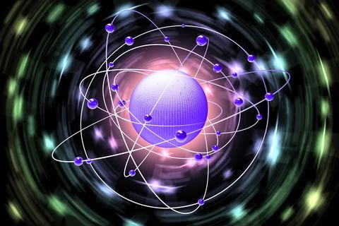 Space atoms planets black background - 3D illustration. Stock Illustration