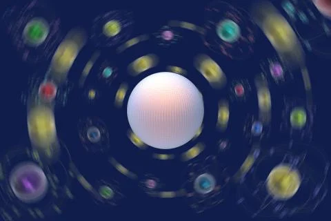 Space atoms planets blue background -  3D illustration. Stock Illustration
