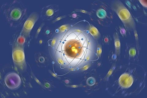 Space atoms planets blue background -  3D illustration. 스톡 일러스트
