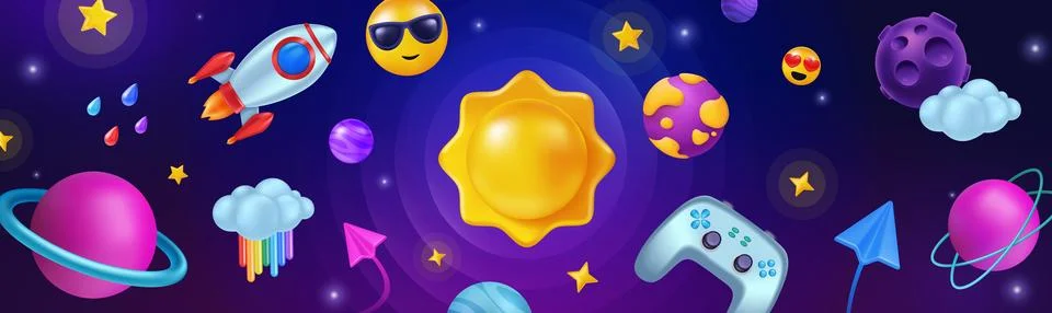 Space background. 3d game isolated elements, videogame planet and rocket Illustrazione stock