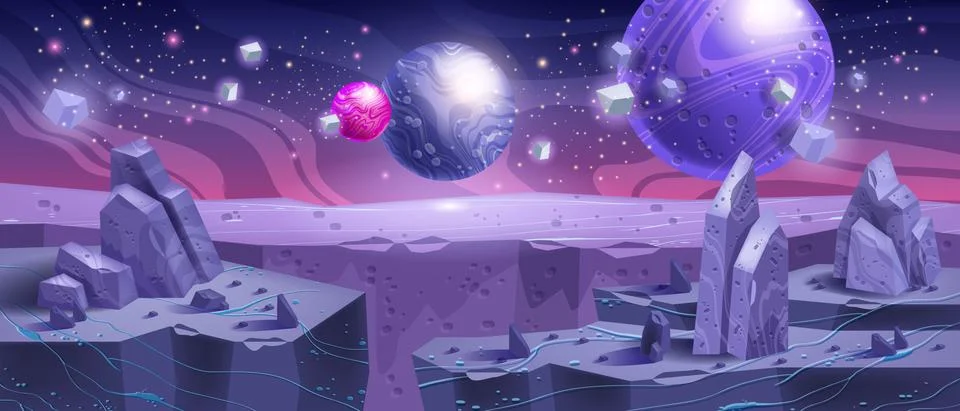 Space background, alien planet landscape,  vector cartoon cosmic purple rocks Stock Illustration