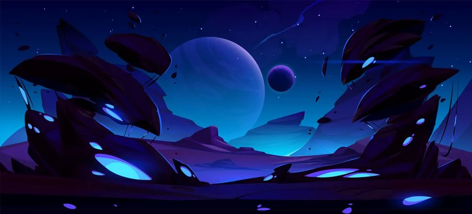 Space background with alien planet at night Stock Illustration