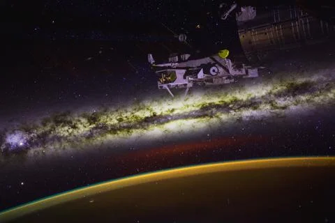 Space background Earth with iss. Elements of this image furnished by NASA Stock Photos
