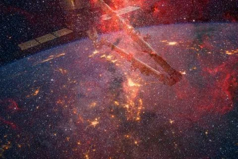 Space background Earth with iss. Elements of this image furnished by NASA 스톡 사진