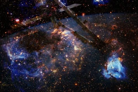 Space background Earth with iss. Elements of this image furnished by NASA Stock Photos