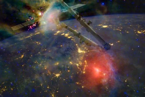 Space background Earth with iss. Elements of this image furnished by NASA Stock Photos