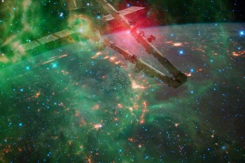 Space background Earth with iss. Elements of this image furnished by NASA Stock Photos