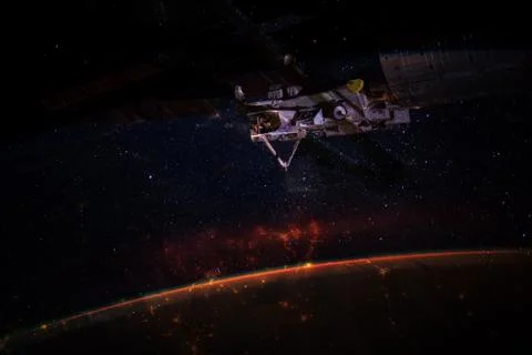 Space background Earth with iss. Elements of this image furnished by NASA Stock Photos