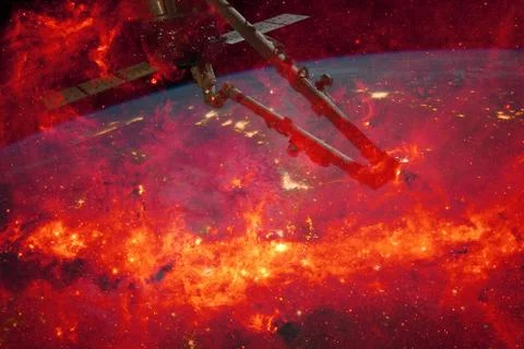 Space background Earth with iss. Elements of this image furnished by NASA 스톡 사진