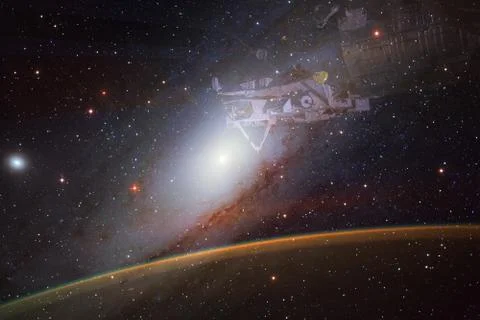 Space background Earth with iss. Elements of this image furnished by NASA Stock Photos