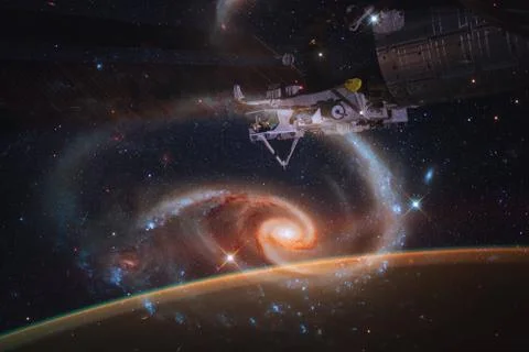 Space background Earth with iss. Elements of this image furnished by NASA Stock Photos