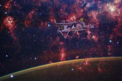 Space background Earth with iss. Elements of this image furnished by NASA 스톡 사진