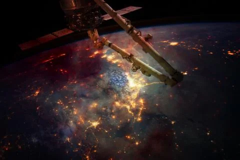 Space background Earth with iss. Elements of this image furnished by NASA Foto stock