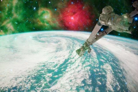 Space background Earth with iss. Elements of this image furnished by NASA Stock Photos