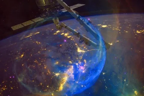 Space background Earth with iss. Elements of this image furnished by NASA 스톡 사진