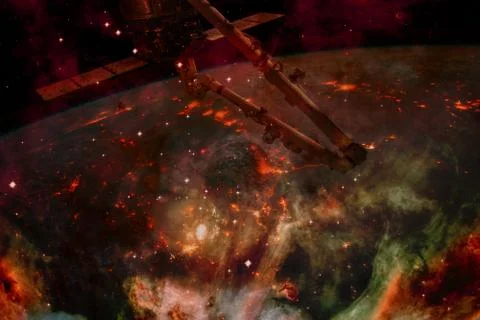 Space background Earth with iss. Elements of this image furnished by NASA 스톡 사진