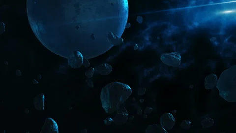 Space background. Fly through asteroid in blue nebula with planet. Elements f Stock Footage 146116771