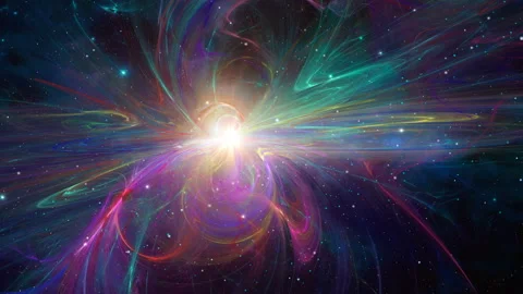 Space background. Flying through colorful fractal nebula with star field. Ele Video stock 153102964