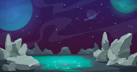 Space background. Game UI cartoon planet landscape, desert with rocks and stones Stockillustratie