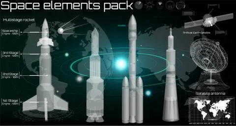 Space background HUD, space launch rocket! Set spaceships Ilustración de archivo