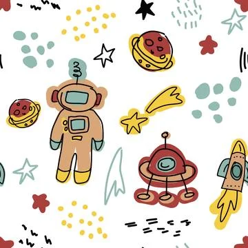 Space background for kids. Vector seamless pattern with cartoon rockets, planets Stockillustratie