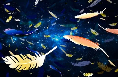 Space background with a lot of falling bird feathers Illustrazione stock